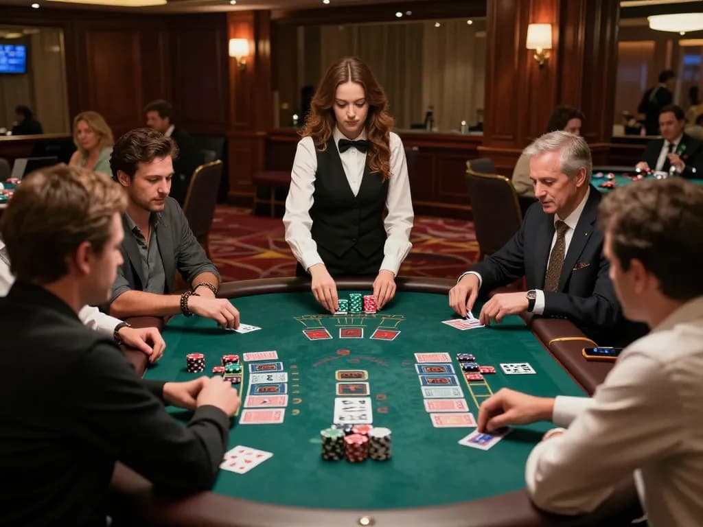 Engaging blackjack gameplay at nhà cái dola789, showcasing strategic player interaction and elegant casino ambiance