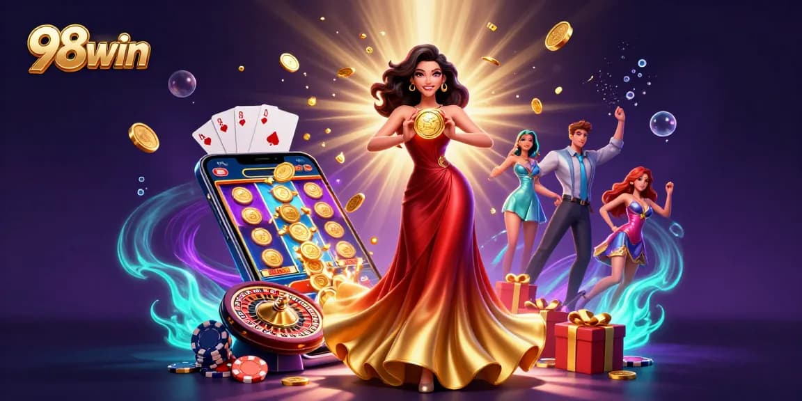 Experience exciting gaming moments with 98win, featuring diverse casino elements in a vibrant illustration.
