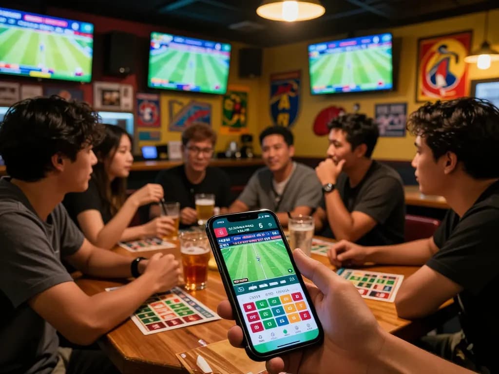 Engaged bettors strategizing with ty le keo nha cai 5 sports betting app at a lively sports bar.