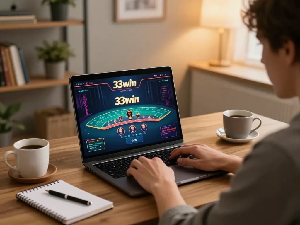 Engaging with live baccarat on 33win from a modern home office setup.