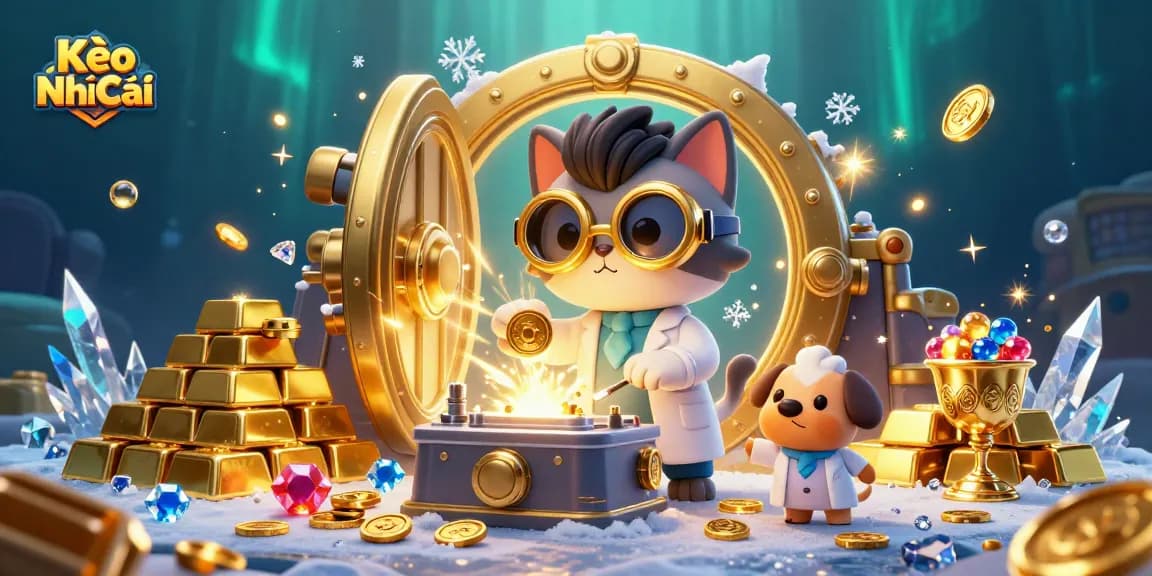 Kèo Nhà Cái offers thrilling online gambling with vibrant visuals of gold coins and treasure in a fun cartoon scene.