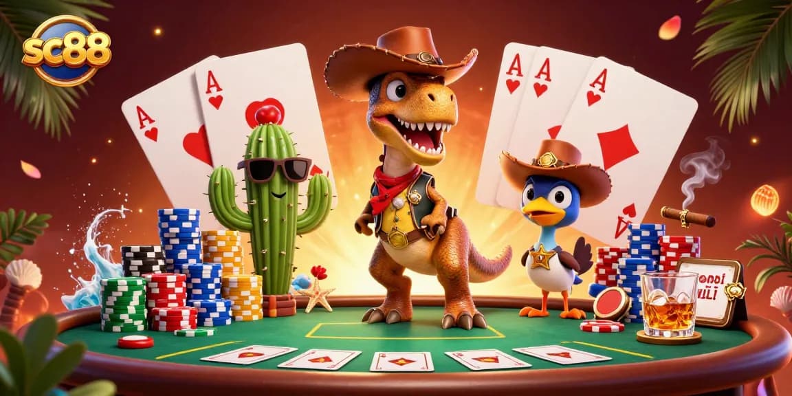 Experience thrilling action at sc88 with a colorful poker scene featuring a T-Rex cowboy and cartoon characters.