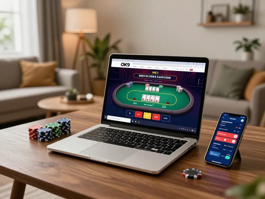 Engaging with the OK9 casino platform on a modern laptop while enjoying a comfortable gaming atmosphere