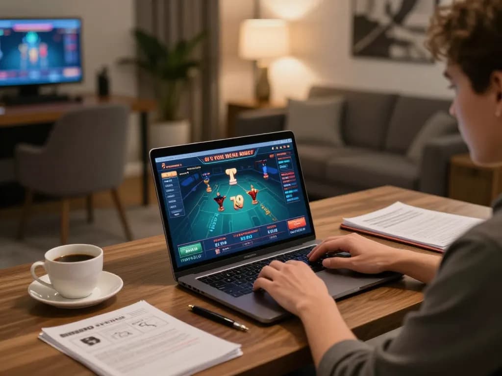 A user engages in online gameplay on fun 79 with strategy notes and a coffee cup, exemplifying a cozy casino setup.