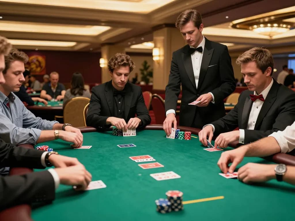 MM88 poker game with players strategizing over cards at a luxury casino table.