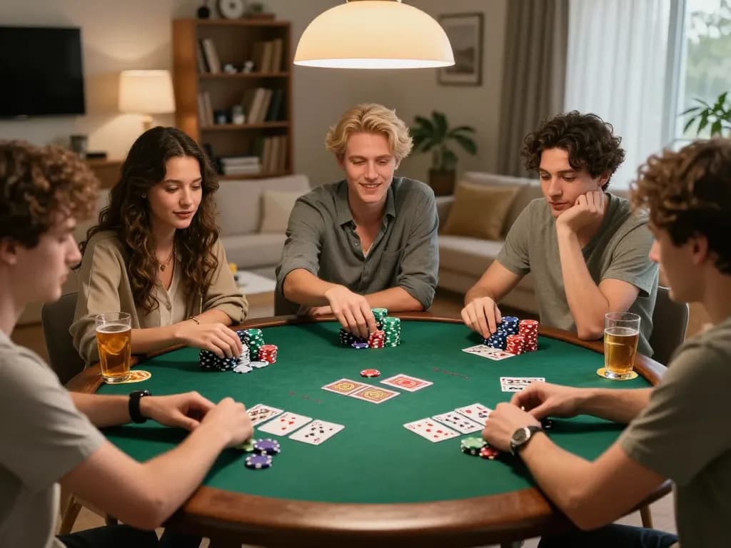 Friends playing poker with OnBet chips in a cozy home game setting.