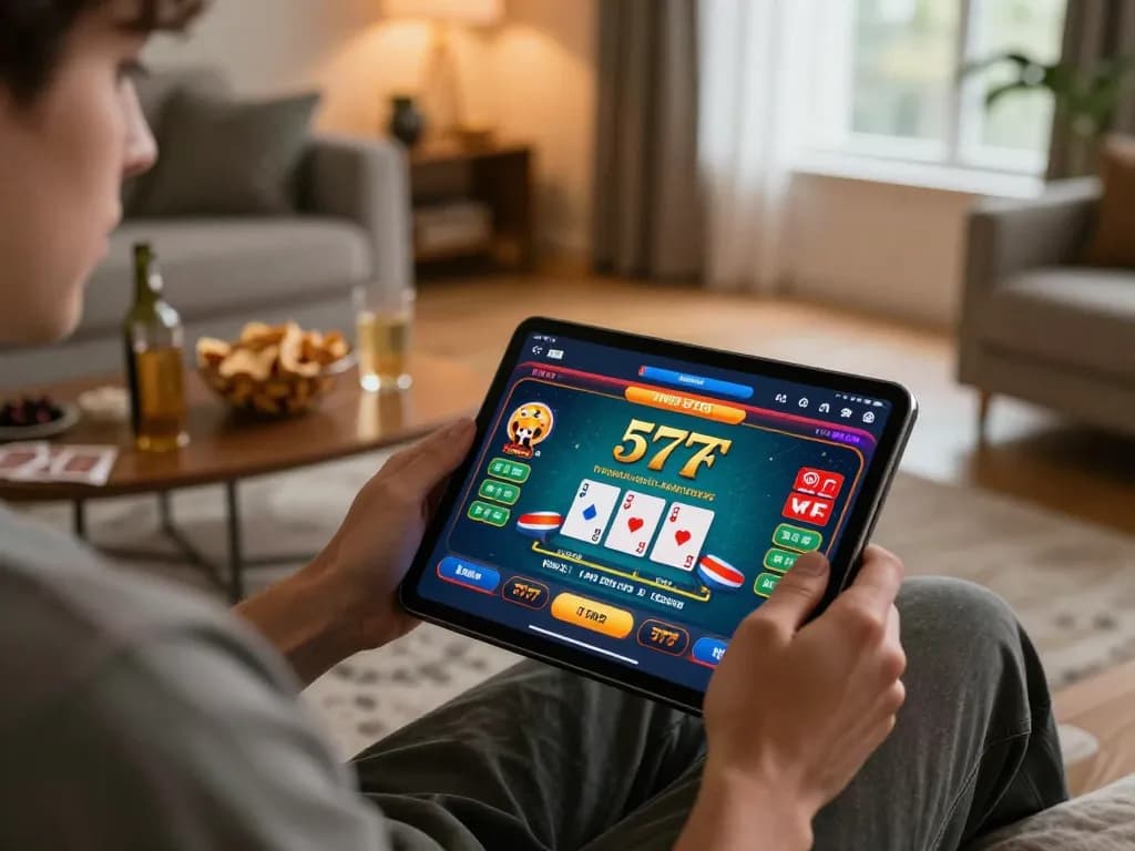 Engaging in the 577F online casino app at home with friends during a lively blackjack game