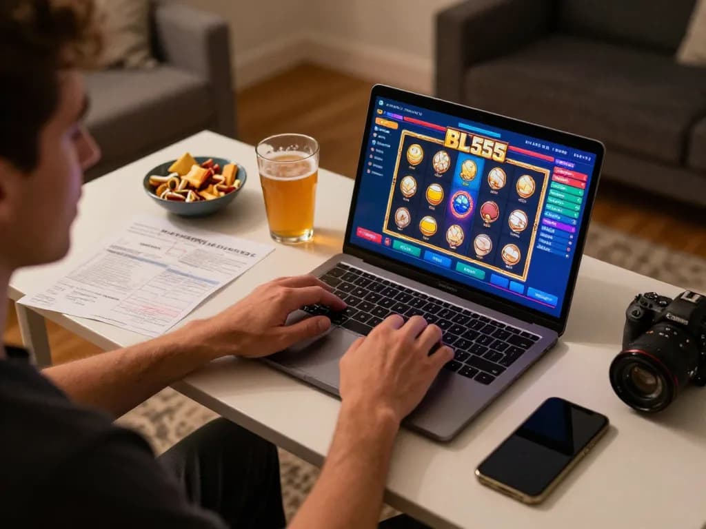 Engaging home setup for BL555 online gaming showcasing laptop display and gaming strategy.