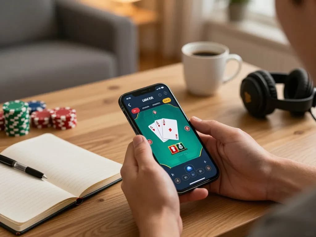 Player engaging in online poker on 888New mobile app, showcasing hands with cards and chips in a cozy home setting.