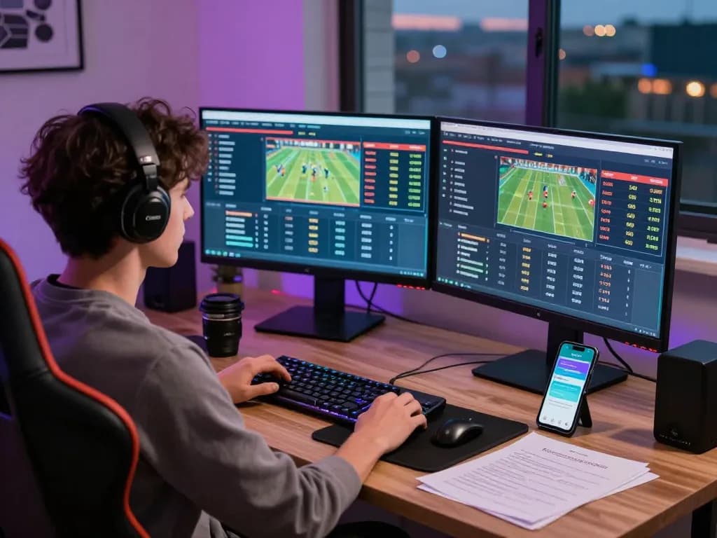 Engaged user in a dynamic online betting scene, utilizing the Link đăng ký Topbet with sports statistics on multiple monitors.