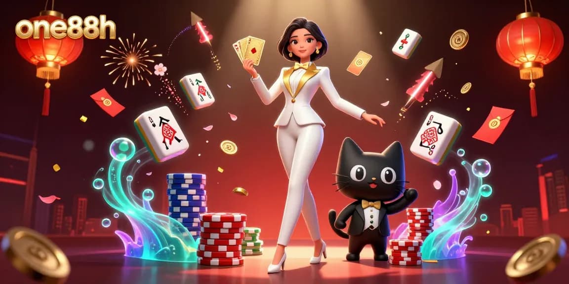 Experience the vibrant world of one88h with a glamorous dealer, shuffling cards, amid dynamic casino elements.
