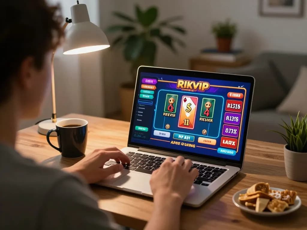 Engaging in Rikvip online gaming experience with vibrant casino games displayed on laptop, showcasing responsible entertainment.