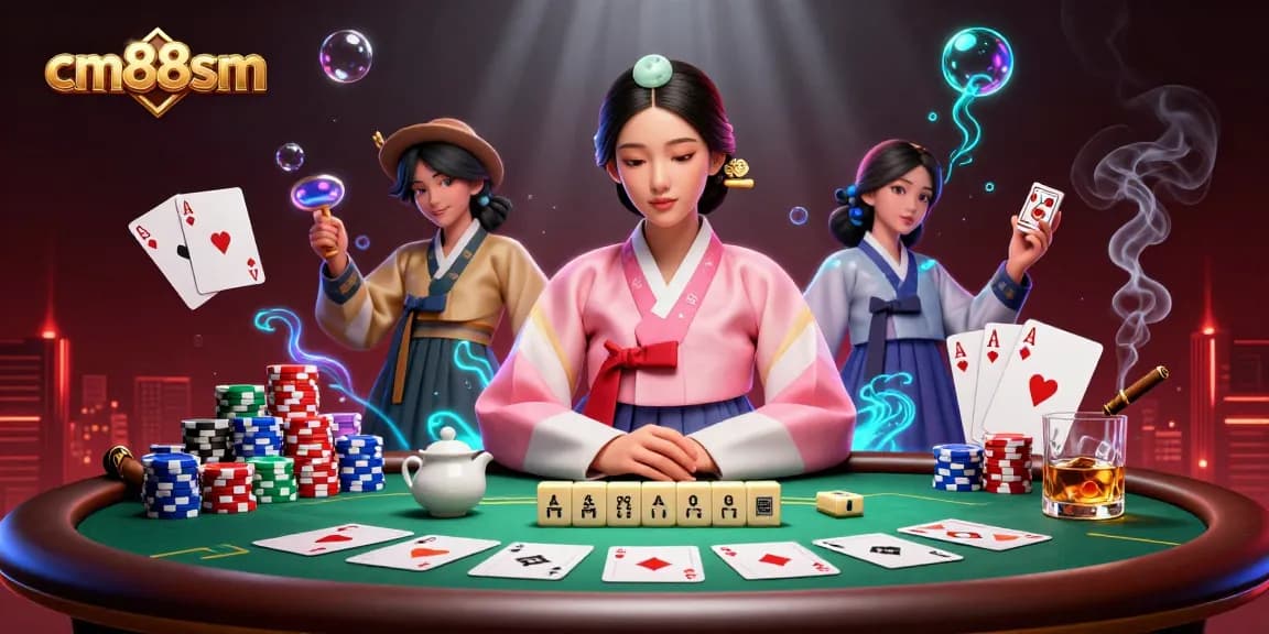 Engage in thrilling poker gameplay with cm88sm's vibrant casino scene, showcasing a serene Asian woman and game elements.