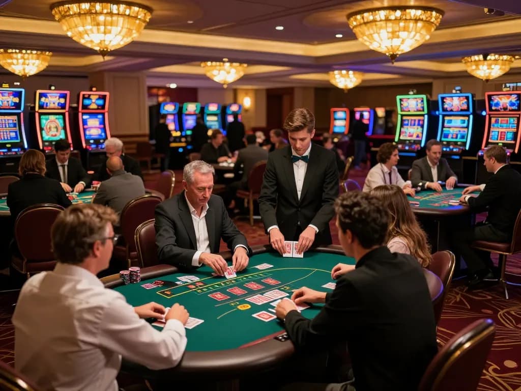 ve88 players strategizing at a blackjack table in a vibrant casino environment