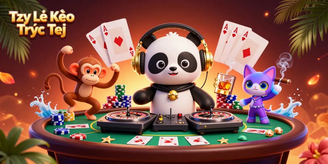 Tỷ Lệ Kèo Trực Tiếp showcases a vibrant casino scene with DJ panda and breakdancing monkey.