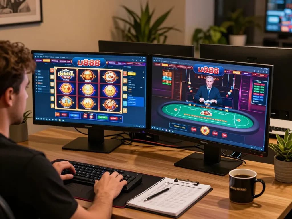Enjoying thrilling online gameplay at u888, showcasing vibrant casino games on dual screens