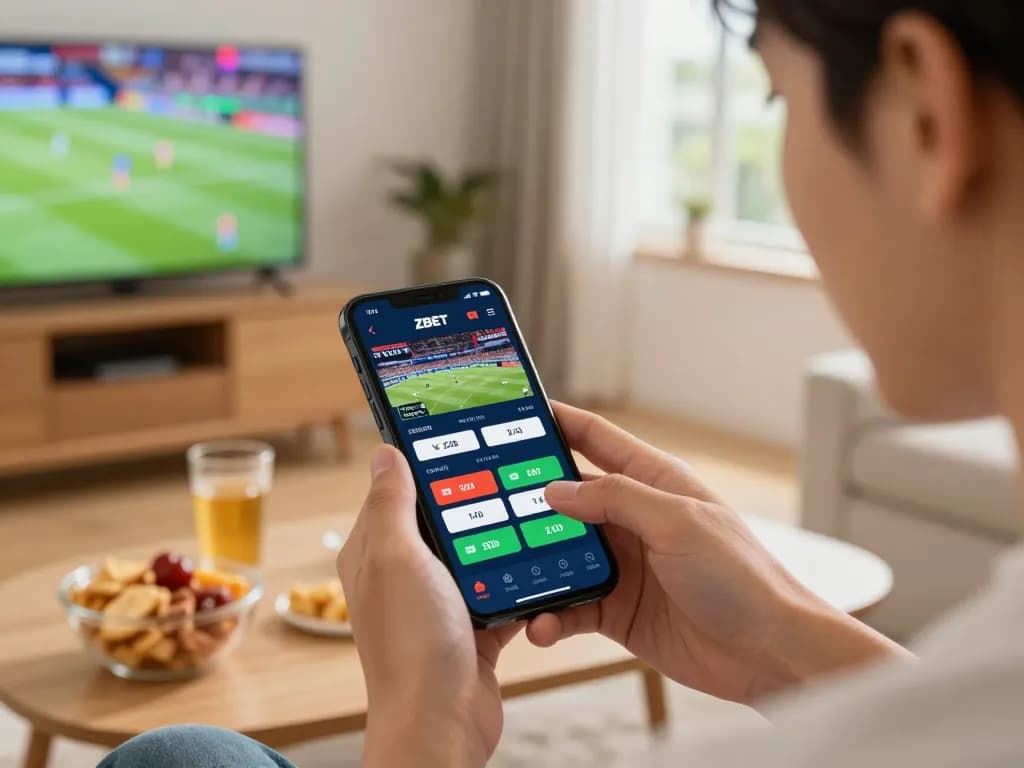 Person using ZBET app on smartphone for live sports betting in a cozy home setting.