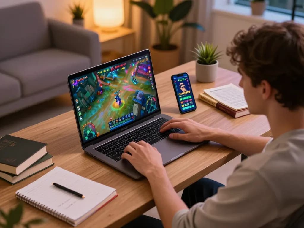 Engaging scene of a player enjoying game bài đổi thưởng on a laptop, showcasing a responsible gambling environment.