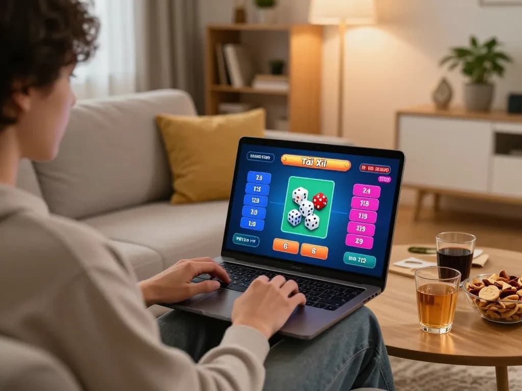 Engaging online Tài Xỉu gameplay on a laptop in a cozy living room.