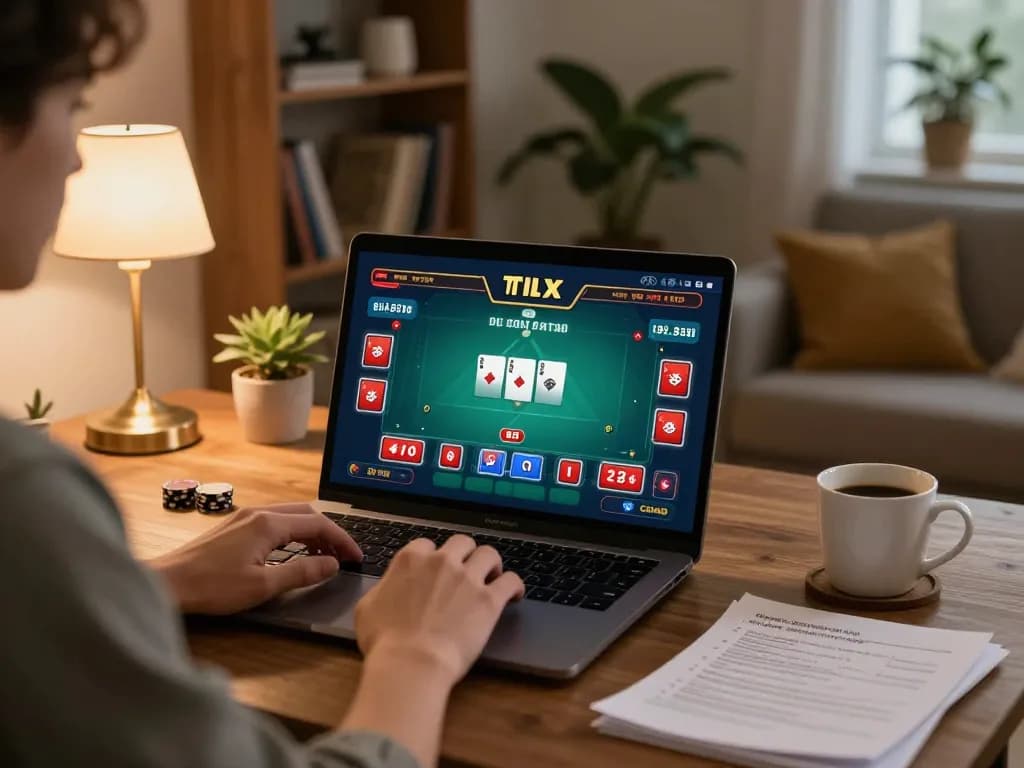 Sao789 player engaging in strategic poker gameplay at home with a cozy atmosphere.