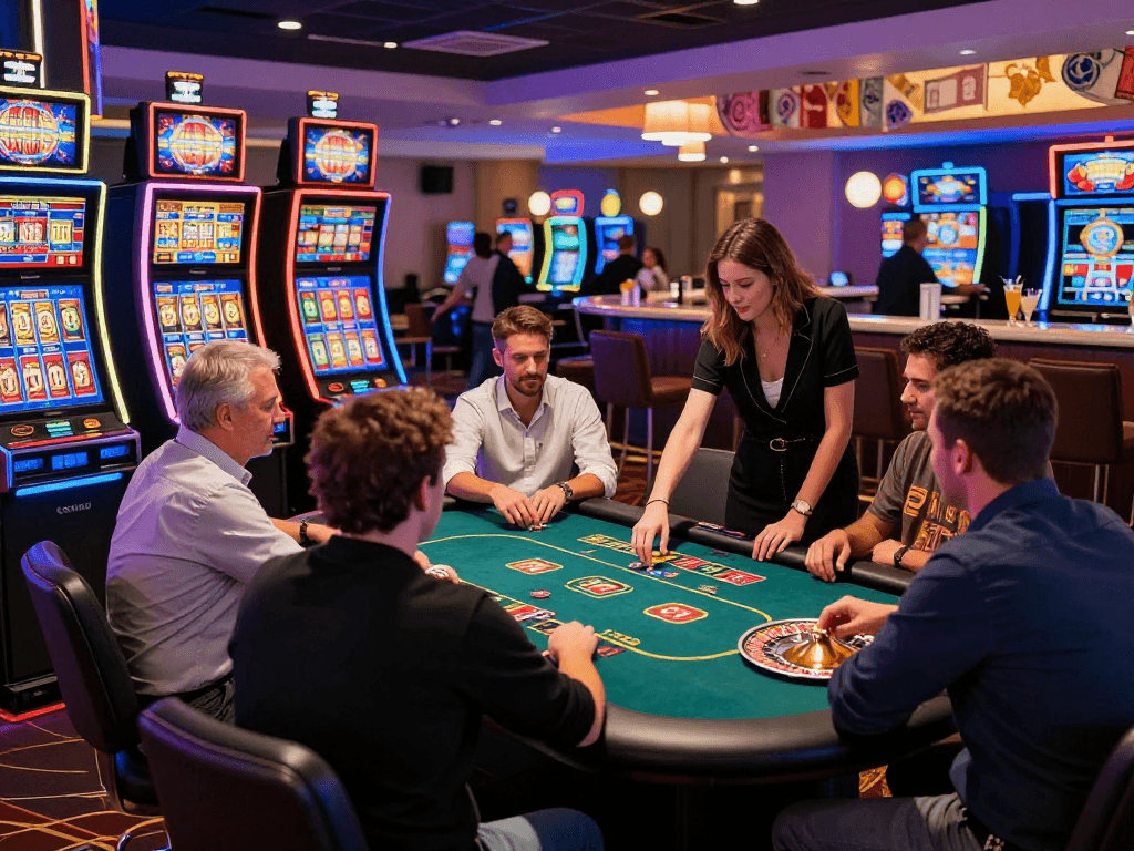 Exciting casino non UK scene with players at slot machines and poker tables, vibrant atmosphere.