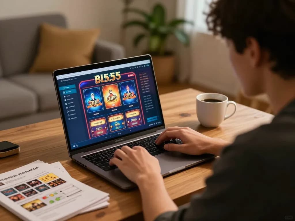 Engaging in bl555 đăng nhập with a laptop showcasing online casino games in a cozy home setting