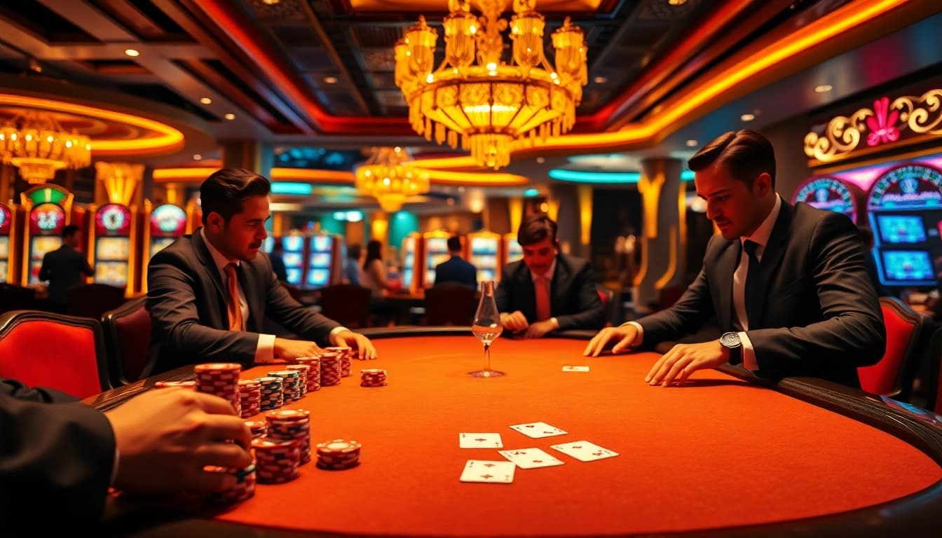 Players strategize at a high-stakes table on https://nohu90.pink/ with colorful chips and cards.