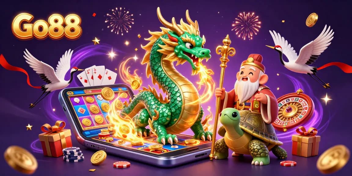 Engage with Go88 in an exciting 3D scene featuring a dragon, turtle sage, and vibrant casino elements.
