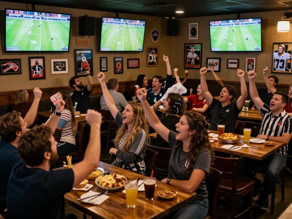 Cá Độ Bóng Đá enthusiasts celebrating during an exciting live match at a bustling sports bar.