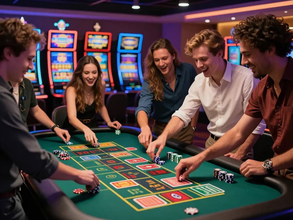 Exciting 789wincom casino scene with friends at roulette table, vibrant chips and flashing lights.