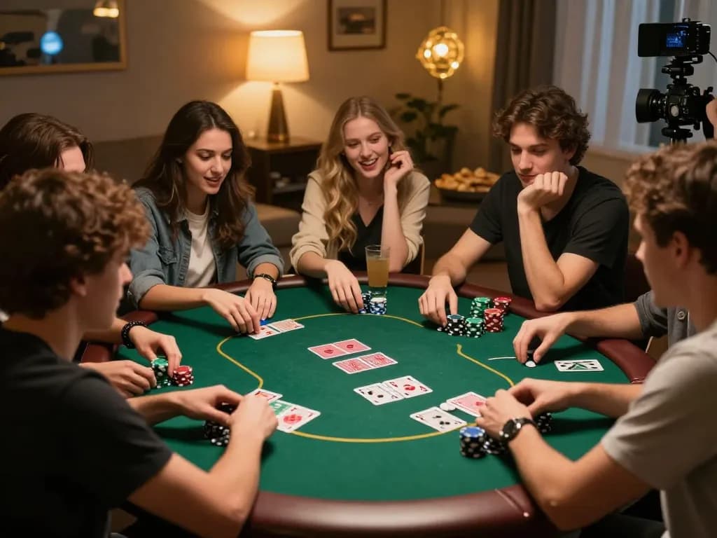 Friends enjoying a thrilling poker game at home while using WALA88 for live betting, featuring cards and chips on table.