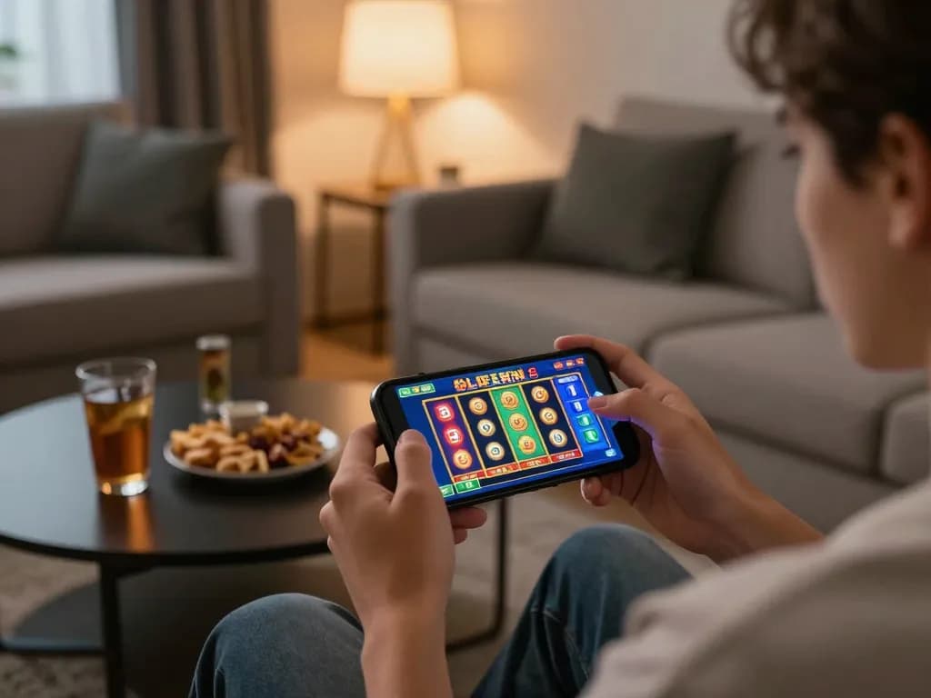 Player enjoying online slots on smartphone at home, engaging with 78wingo mobile gaming.