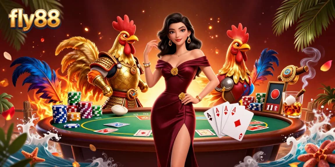 Engage in thrilling cockfighting action at fly88 with a vibrant scene featuring a glamorous woman and a golden rooster warrior.