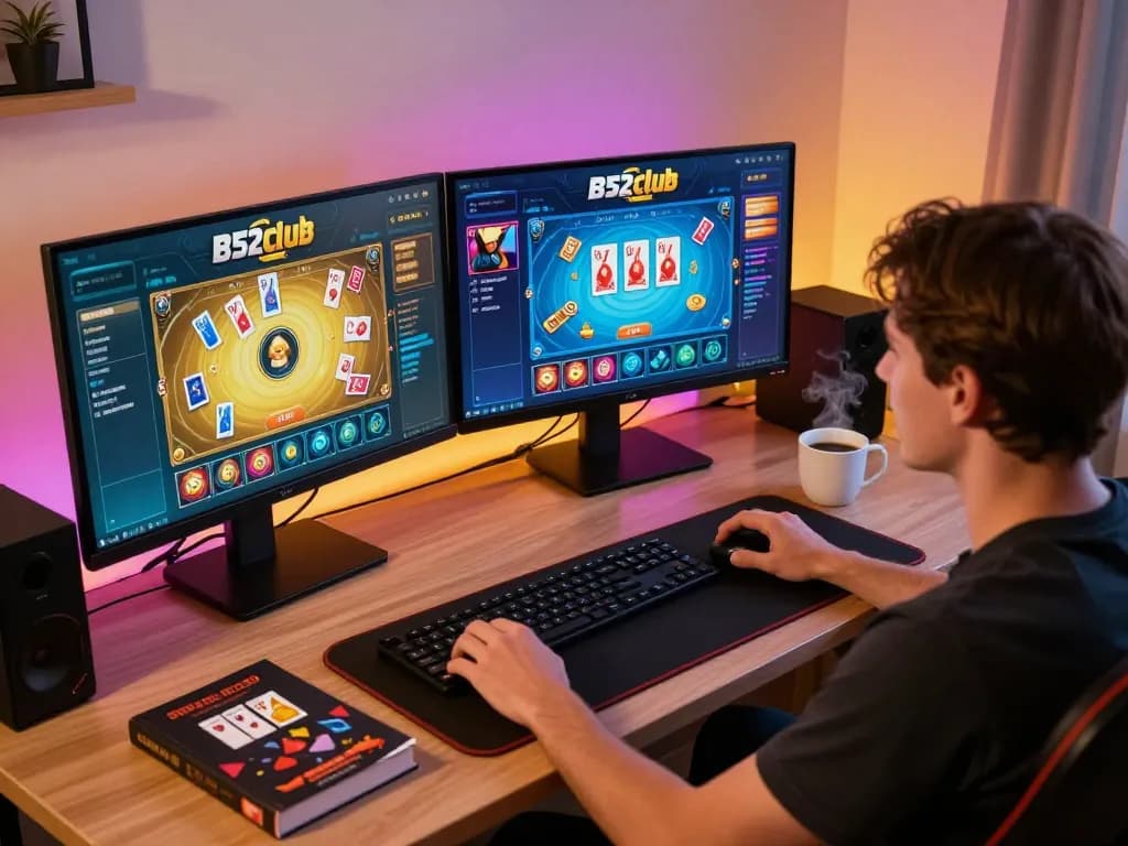 B52 club gaming interface displayed on dual monitors with enthusiastic player engaging in online gambling.