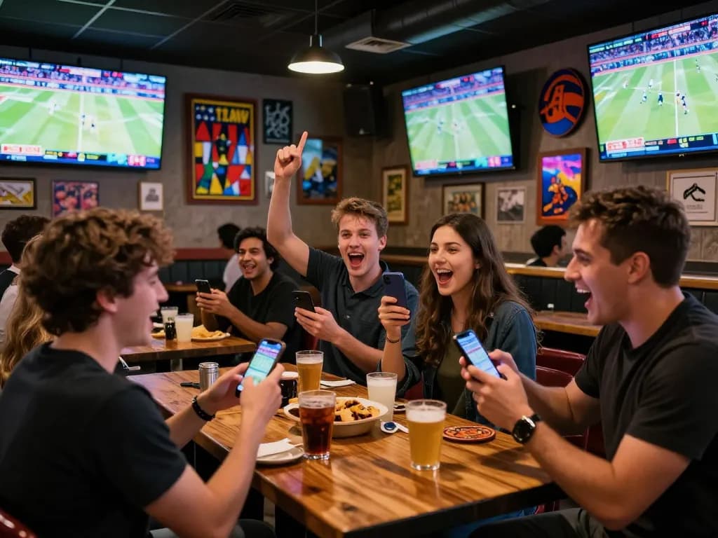 Okwintv excitement during sports betting with friends at a lively sports bar