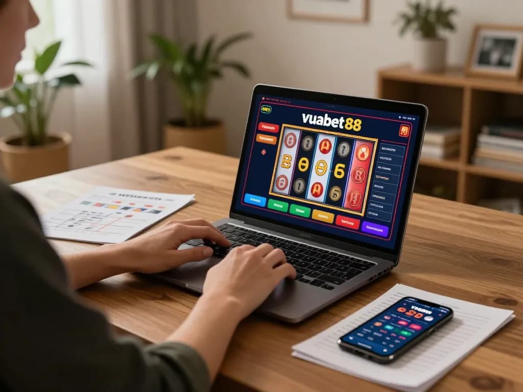 Engaging with vuabet 88 online slots in a cozy home setting, showcasing vibrant digital reels and strategic notes