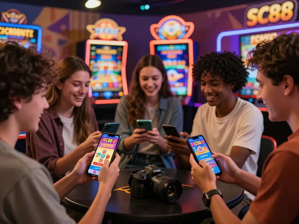 Friends enjoying their gaming experience on SC88, showcasing mobile app excitement in a vibrant casino atmosphere.