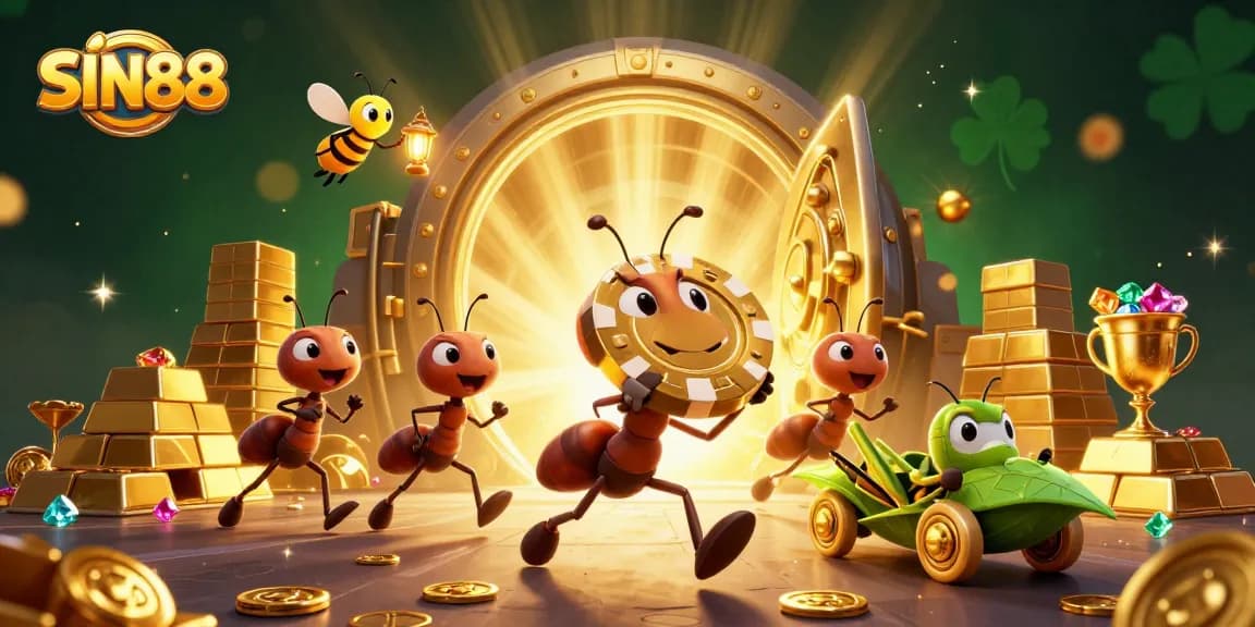 SIN88 showcases a team of ants heisting a giant poker chip, surrounded by treasures, in a vibrant casino scene.