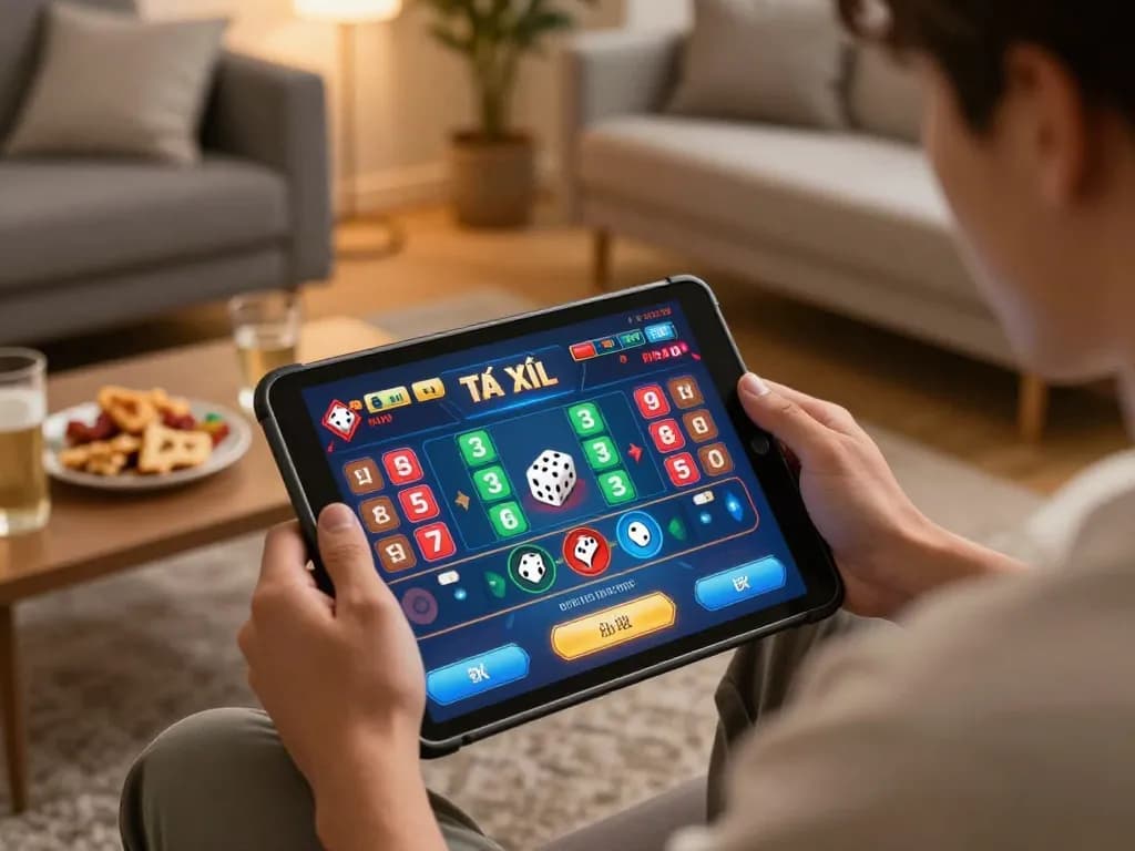 Tài xỉu online game displayed on tablet, showcasing strategic gameplay in a cozy living room setting.