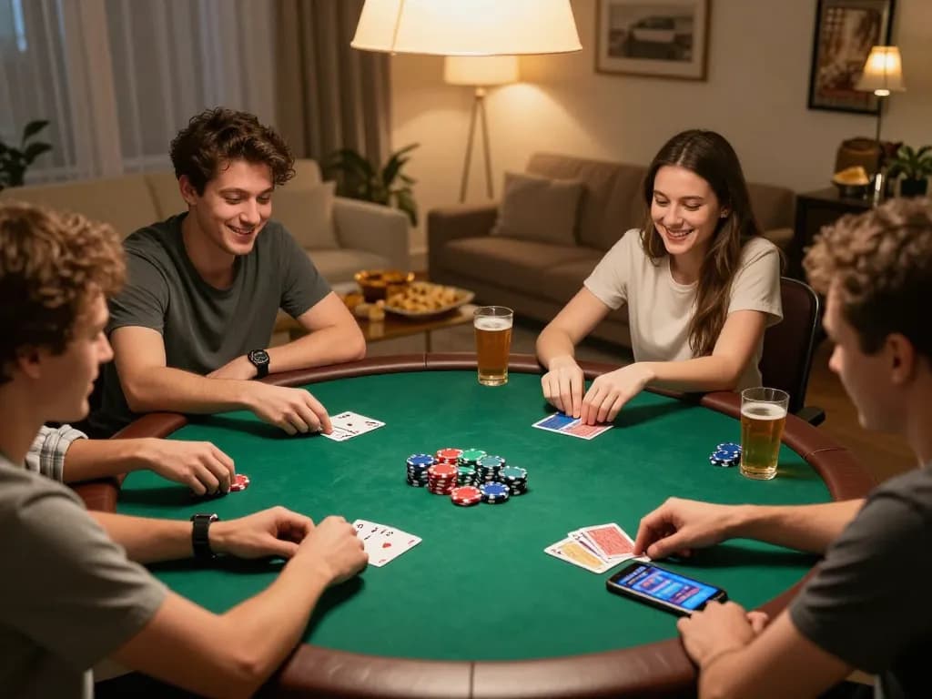 The friends enjoy an exciting poker game at home, embodying the spirit of cổng game bài đổi thưởng.