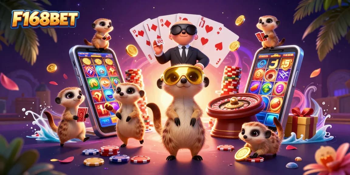 Experience thrilling casino action with F168BET's engaging meerkat characters in this vibrant illustration.