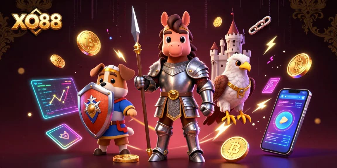 Win exciting rewards at XO88 with a vibrant casino-themed digital illustration of a knight, puppy, and falcon amidst cryptocurrencies.