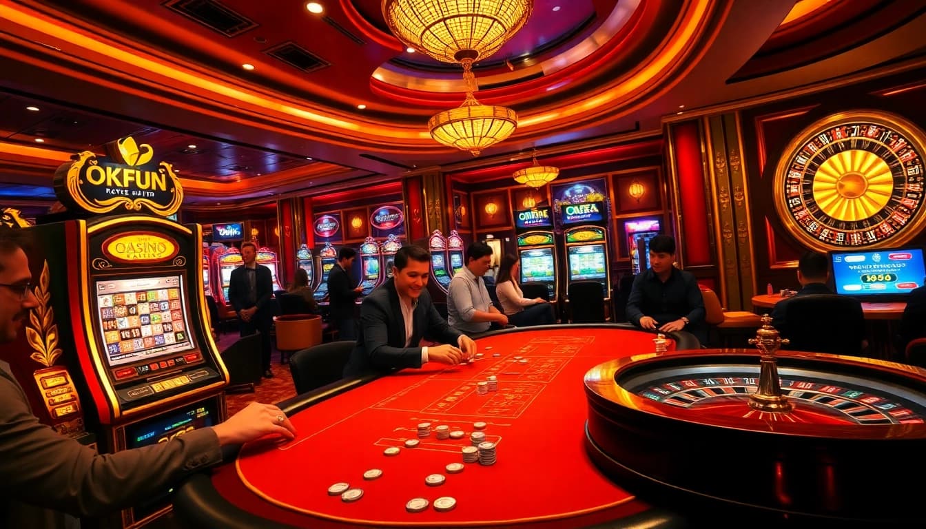 Engaging poker game scene at OKFUN casino, featuring vibrant chips and eager players.