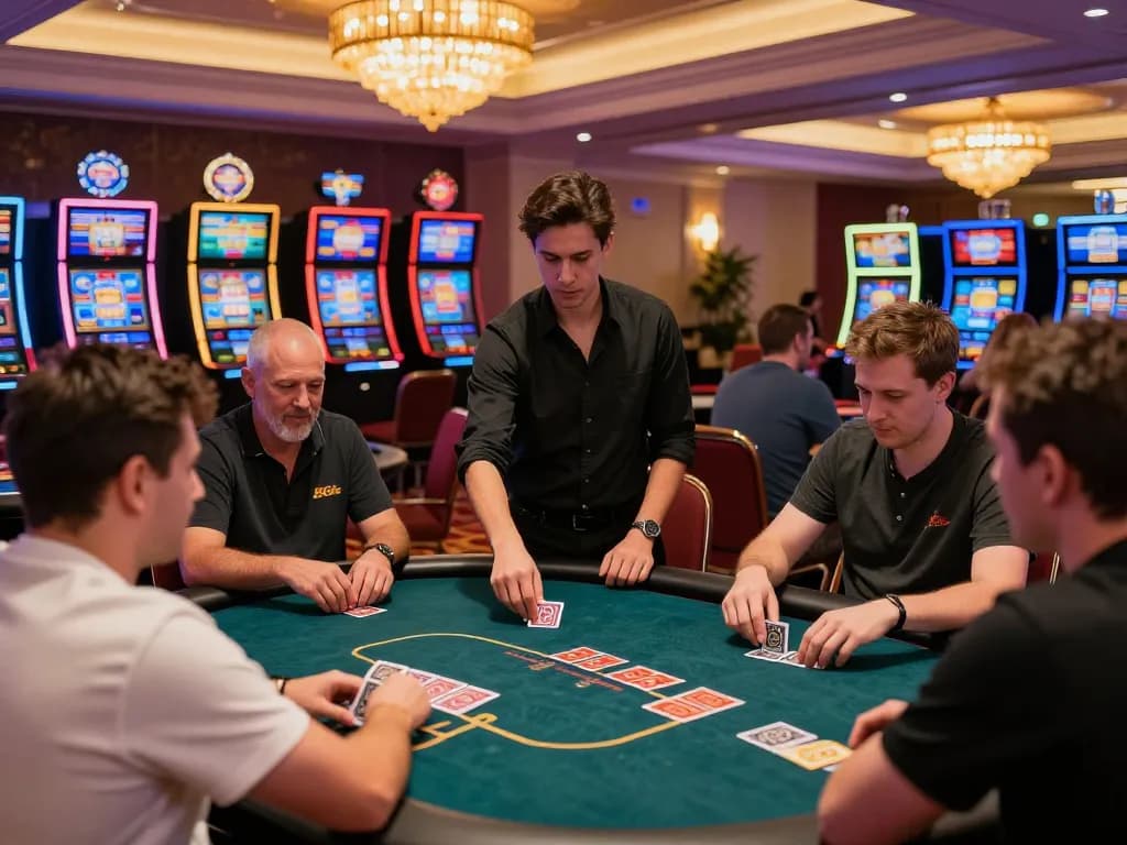 F8bet players enjoying an exciting game of poker in a luxurious casino atmosphere