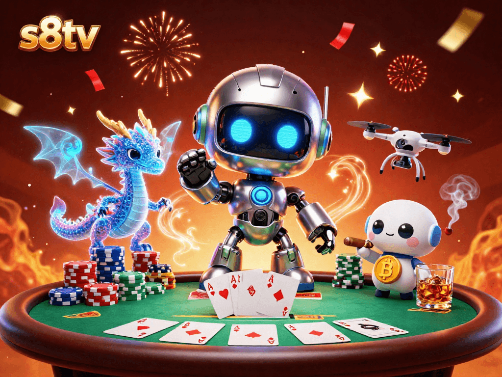 S8tv showcases a futuristic casino scene with a vibrant 3D robot and poker elements.