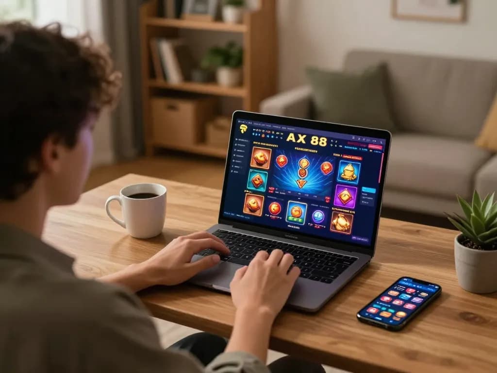 Engaged user placing bets on AX 88 online casino interface in a cozy home setup
