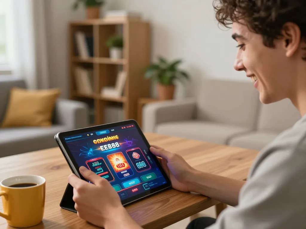 Player enjoying live gameplay on EE88 mobile app, colorful casino graphics illuminating the cozy setup