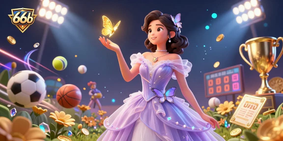 Engage with the 66b magical casino scene featuring an Asian woman and vibrant dynamic sports elements.
