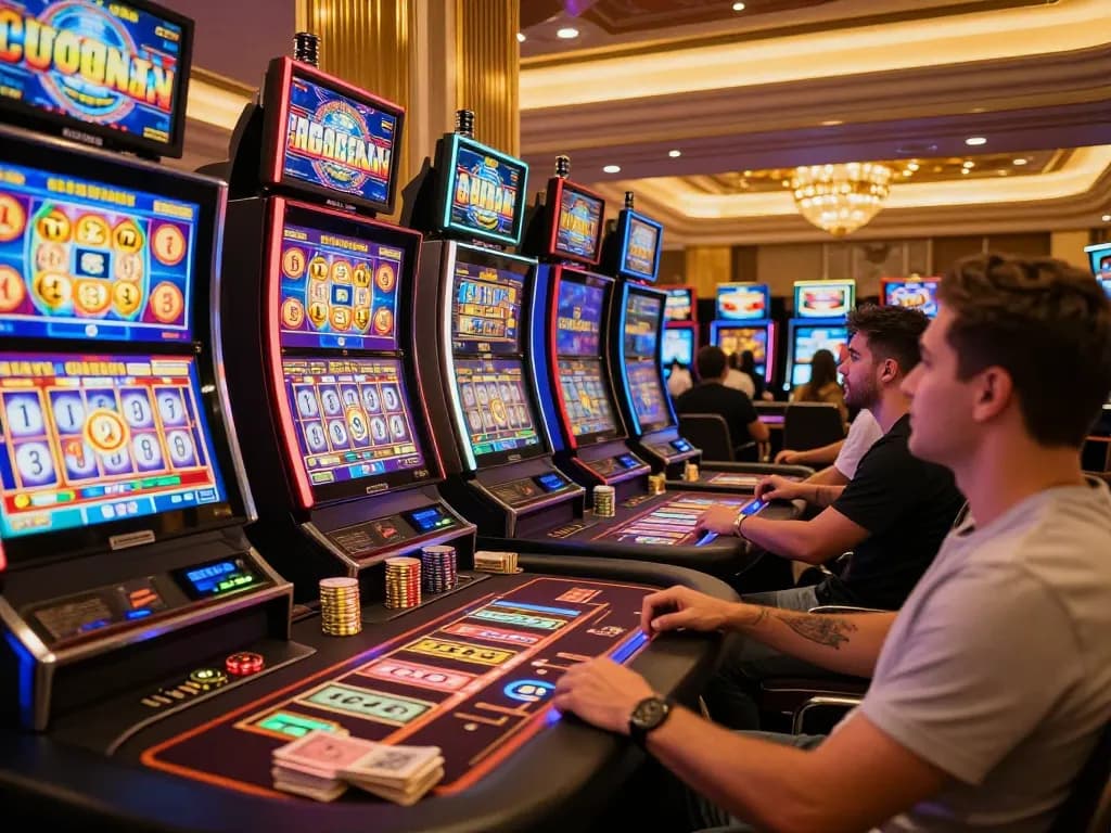 Luck8 trang chủ vibrant slots area with players engaged in action, showcasing exciting gaming experience.