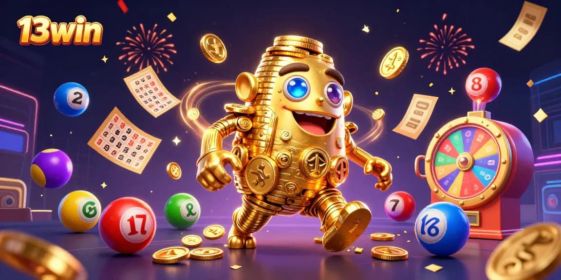 Play the exciting games on 13win with a vibrant illustration of a golden golem and stunning gaming elements.